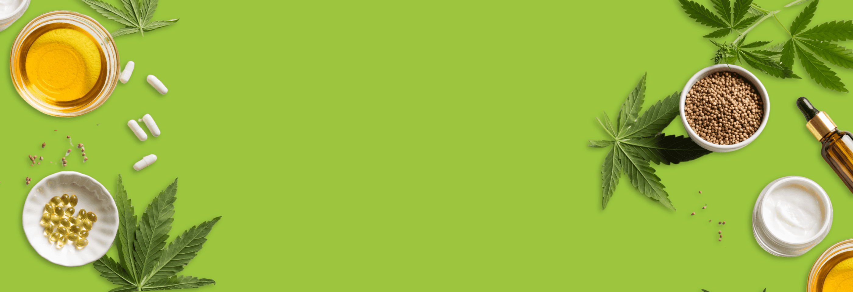 Grüner Hintergrund mit einigen Cannabisblättern und - extrakten